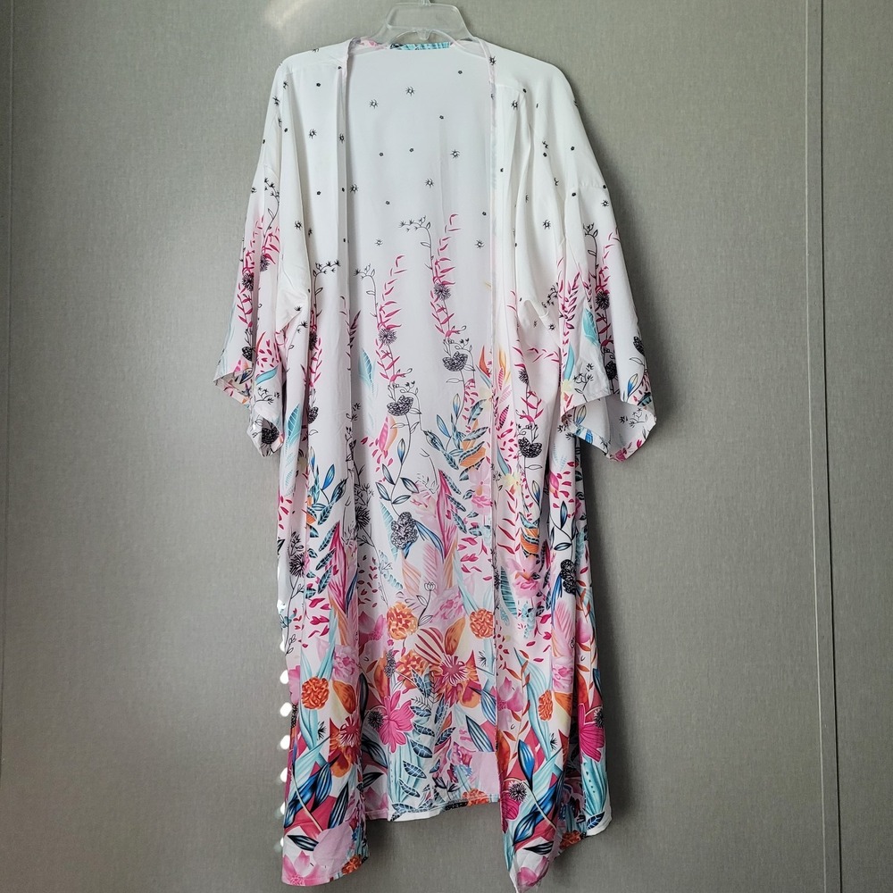 One Size Floral Open-Front Kimono Duster Cardigan Swim Cover-Up Festival Resort